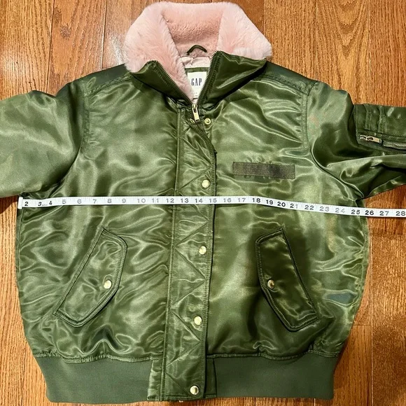 GAP Green Satin Bomber Jacket with Pink Faux Fur Lining - Picture 6 of 7